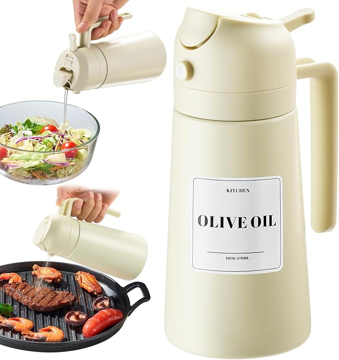 Baalaka Oil Sprayer for Cooking, Olive Oil Dispenser Bottle for Kitchen, 2 in 1 oil dispenser and oil sprayer, Stainless Steel Oil Bottles for Kitchen, Air Fryer BBQ Salad Baking (White 16oz/470 ml)