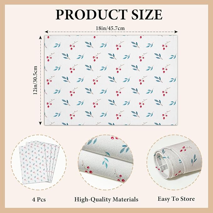 Cotton Linen Waterproof Placemats Set of 4, Berries Dining Mat Table Mats Decor Fabric for Kitchen Dinner Coffee Shop Table, Indoor/Outdoor Washable Wipeable Placemat -N033