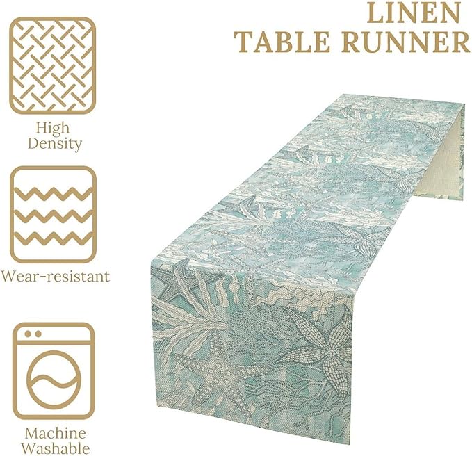 Nautical Table Runner Beach Sea Starfish Coral Art Printed Runner for Home Kitchen Dining Table Living Room Decor Fabric 1 Panel W13xL90in