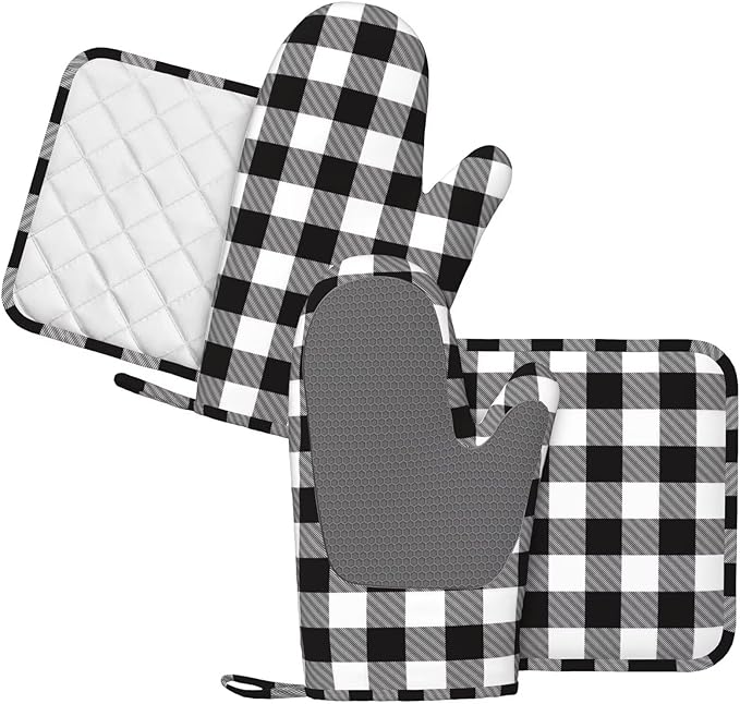 Buffalo Plaid Black and White Oven Mitts and Pot Holders Set, 4pcs Silicone Black White Plaid Oven Glove for Kitchen Heat Resistant Oven Mitts and Potholders Non-Slip for Cooking