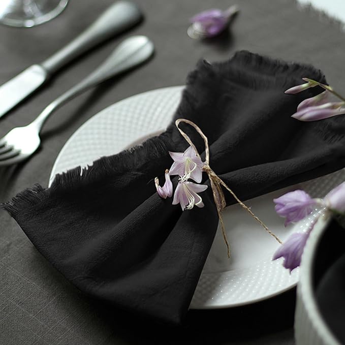 Handmade Cloth Napkins 100% Cotton Napkins with Fringe，Delicate Handmade Cloth Napkins for Dinners, Parties, Weddings and More，18 x 18 Inch Set of 4 - Black