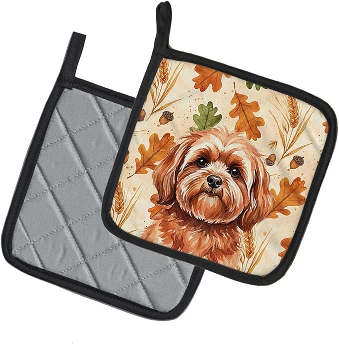 Caroline's Treasures Red Lhasa Apso Heirloom Fall Pair of Pot Holders Pair 7.5x7.5 Quilted Insulated Hot Pads Decorative Kitchen Gift Made in USA