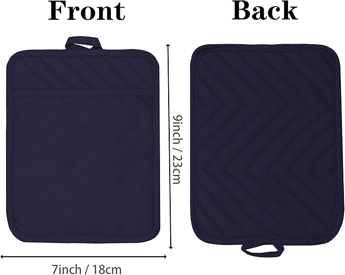 Oven Pot Holder with Pocket Cotton Heat Resistant Coaster Potholder Kitchen Hot Pad Oven Mitts for Cooking Square 7"x9" Set of 3 (Navy Blue)