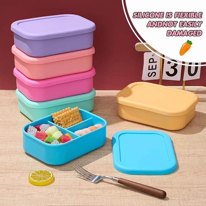 Layhit 6 Pcs Silicone Bento Box for Adults, 27 oz Bento Lunch Container 3 Compartment Lunchable Food Container for Women Men, Leak Proof Microwave Dishwasher Freezer Safe (Fluorescent Multicolor)