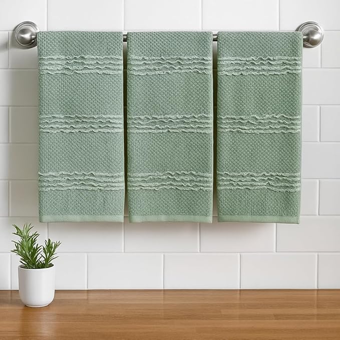 Sage Green Kitchen Dish Towels: 100% Cotton Cloth Soft Cleaning Drying Absorbent Textured Terry Loop, Set of 3 28" x 18" Multipurpose for Everyday Use