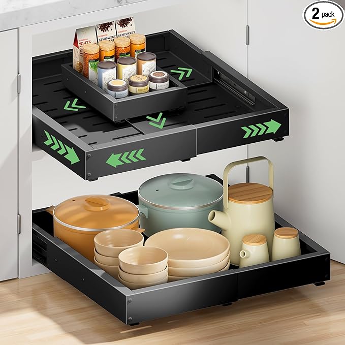 2 Pack Pull out Cabinet Organizer, Width (12"-19") Depth (17"-23"), with 3 Rails Adjustable Slide, Expandable Pullout Drawers for Cabinets, No Drill Adhesive Kitchen Drawers for Pantry Shelves