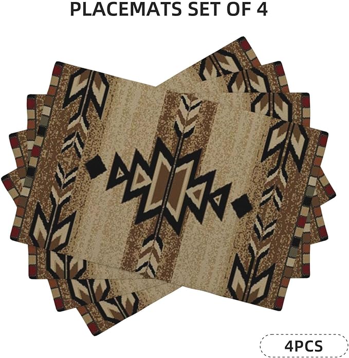 Brown Black Boho Placemats Set of 4 Rustic Aztec Western Decor Place Mats 12x18 Inch Beige Tribal Native Geometic Decorative Linen Table Mats for Home Kitchen Dining Party Table Decoration