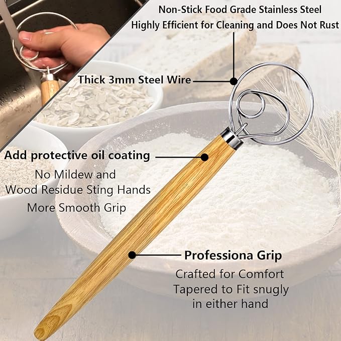 Danish Dough Whisk, Sourdough Tools For Bread Mixer, Dutch Style Bread Whisk For Sourdough Cooking Kitchen with Stainless Steel Danish Sourdough Whisks Bread Mixer 13" and Dough Scraper
