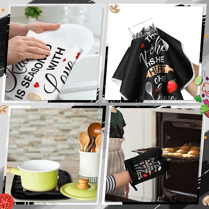 12 Pcs Farmhouse Kitchen Decoration Set 4 Funny Quote Black Kitchen Towels 4 Absorbent Dishcloths 2 Pot Holders 2 Oven Mitts Gloves for Home Decorations Mom Gifts