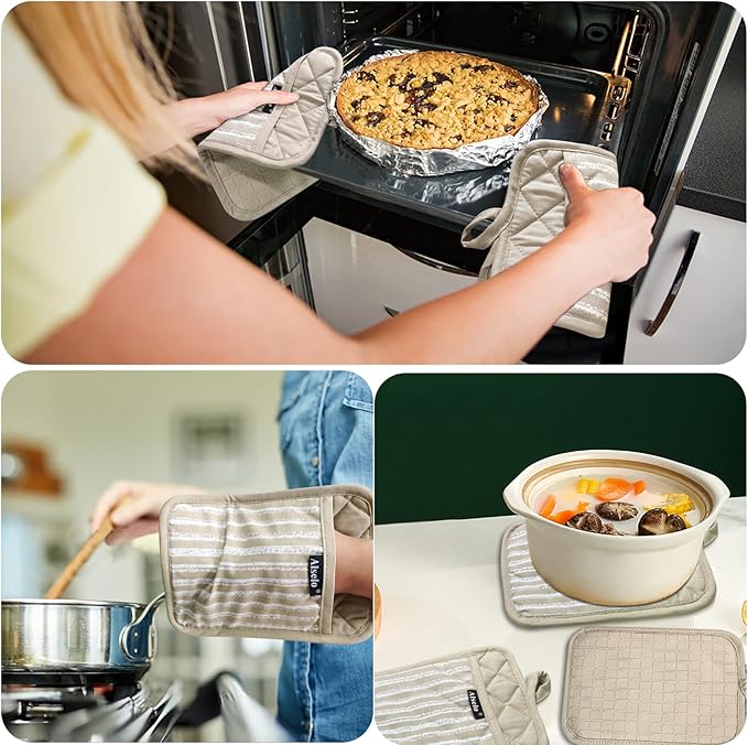 Alselo Silicone Pot Holders Set of 3 Heat Resistant & Non Slip Potholders, Professional Oven Hot Pads with Pockets Mitts for Kitchen Cooking Baking Barbecue (Khaki, 3)