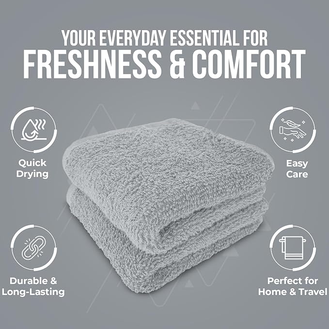 DAN RIVER 24 Pack Wash Cloths for Showering [12x12] - 100% Cotton Washcloths Premium Quality Flannel Face Cloths for Bathroom, Highly Absorbent and Soft Feel Wash Clothes, Silver