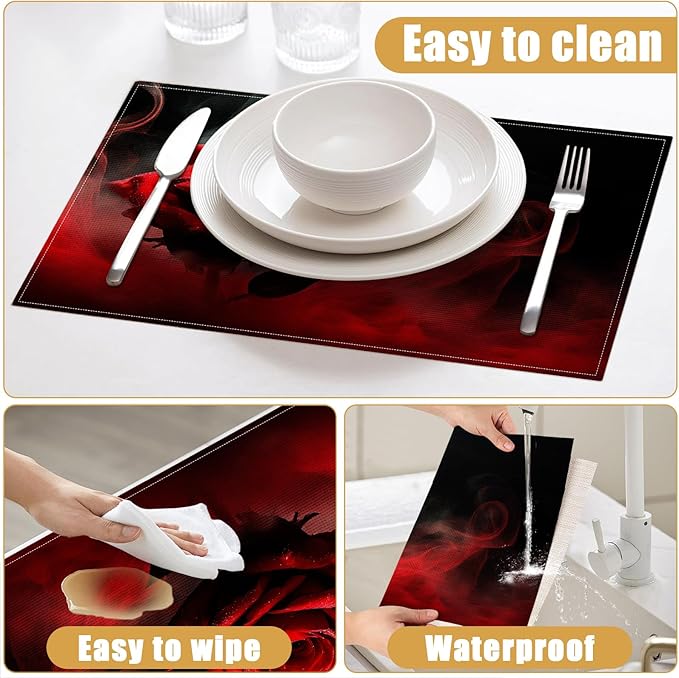Red Rose Placemats Set of 6, Vintage Flower Linen Place Mat Washable Stain Resistant Table Mats for Farmhouse Kitchen Dining Holiday Party Wedding Decor 12x18 Inch