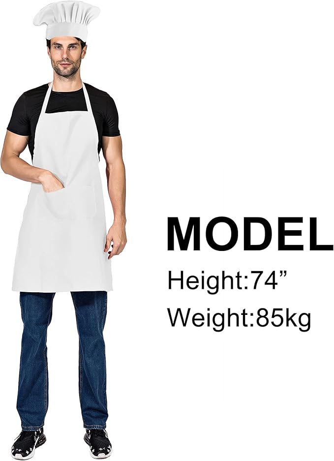 White Chef hat and Apron for Adults Men Women, Cooking Grilling BBQ Kitchen Chef Apron and Butcher Hat Set (1, White)