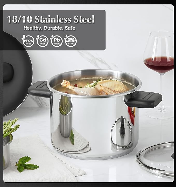 KOCH SYSTEME CS Stainless Steel Pressure Cooker 6.3 QT, Olla de Presion, Easy One-Press Lock, 3 PSI Settings Stovetop Pressure Cookers, Save 70% Time, Induction Compatible, Glass Lid & Steamer Rack