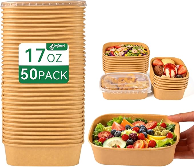 17oz Disposable Meal Prep Food Container Box with Lids, 50 Sets Kraft Paper Bowls Compostable for Soup Noodles Acai Microwave Safe, Leak-Proof Salad Bowl for Lunch Party Home School Take Out