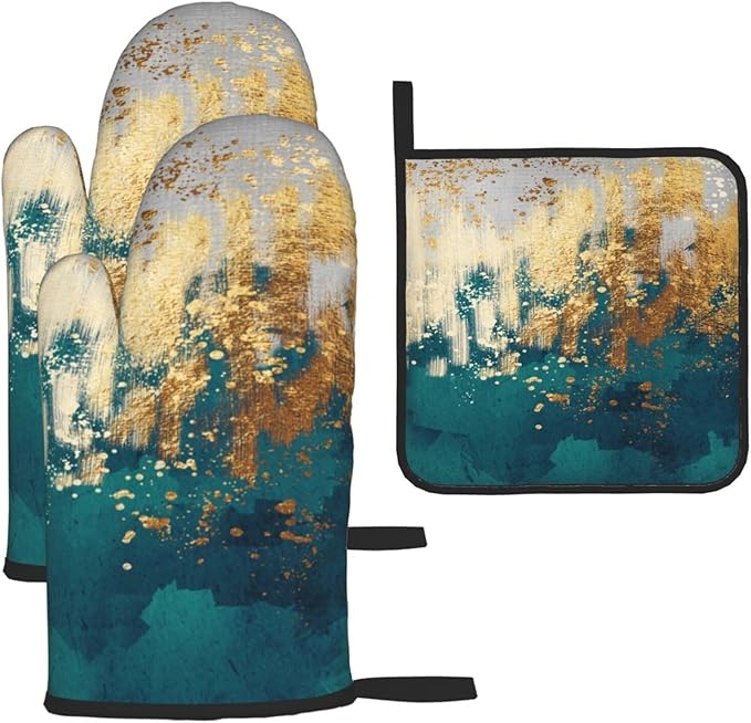 Green Gold Abstract Art Oven Mitts & Pot Holders Sets of 3, Heat Resistant Modern Teal Gold Oven Gloves and Hot Pads for Kitchen Cooking Baking Grilling, Gifts for Women, Holiday Kitchen Home Decor