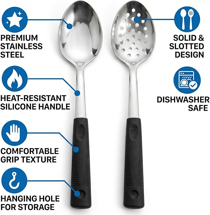 Stainless Steel Serving spoons set with Slotted Spoon.Serving Spoon and Perforated Spoon, kitchen cooking serving utensils set cooking spoon