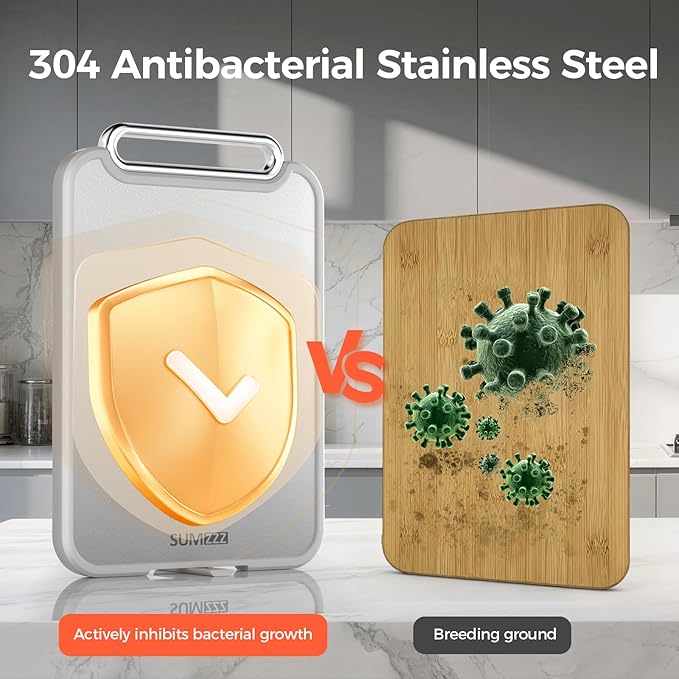 Sumzzz Stainless Steel Cutting Board for Kitchen, 2-in-1 Double-Sided Chopping Board, Food Grade Stainless Steel/PP, Easy to Clean, Large Size, Non-Slip, 16”×11”