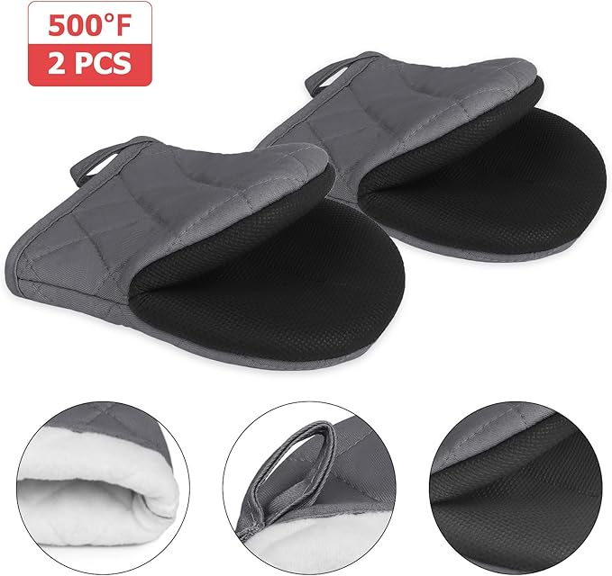 Short Oven Mitts, Heat Resistant 500°F, Silicone Grip Kitchen Gloves, Non-Slip for Baking, Grilling, BBQ, Machine Washable with Hanging Loop, 2-Pack Set, Cement Gray