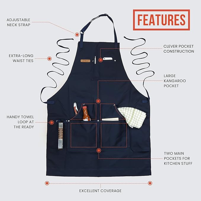 Chef Pomodoro Chef Apron for Men and Women - Kitchen Apron with Pockets & Adjustable Neck Straps - Cooking Apron 100% Cotton
