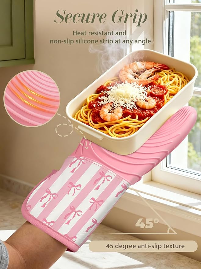 Slohif Long Silicone Oven Mitts Heat Resistant for Women - 2 Pcs Pink Bow 100% Cotton Oven Gloves, Non-Slip and Waterproof Silicone Oven Mitts with Hanger for Baking and Cooking