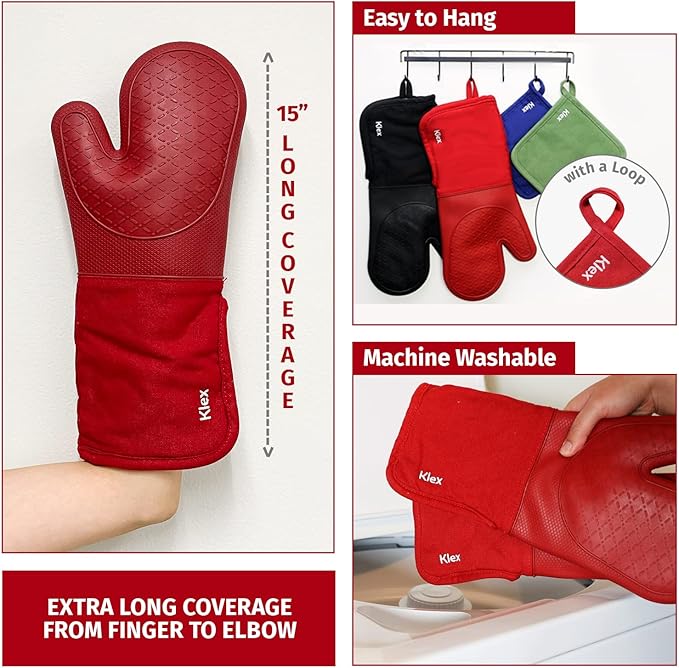 Klex Extra Long Silicone Oven Mitts and Pot Holders, 932°F Degrees Heat Resistance with Quilted Liner Oven Gloves and Hot Pads, 4 Piece Set, 15 inch, Red