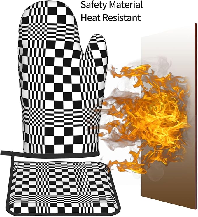 Black and White Optical Illusion Checkered Oven Mitt & Pot Holder Set (3-Piece) - Heat Resistant Non-Slip Kitchen Gloves Gift for Cooking Enthusiasts, Modern Kitchen Decor for Baking Grilling, Black