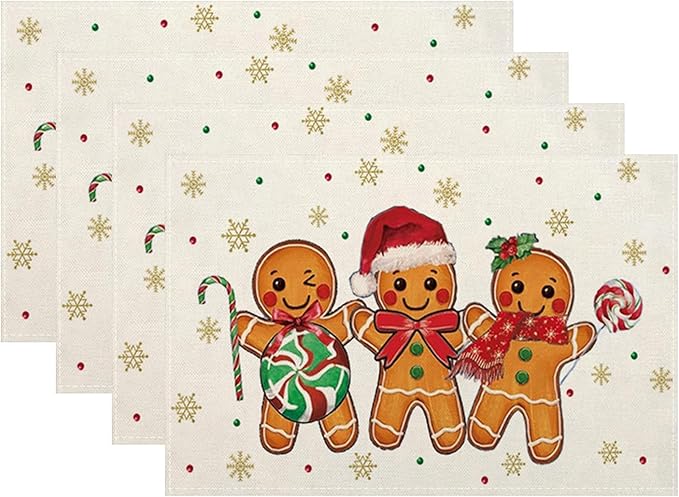 Christmas Place mats Set of 4,12x18 Inches Brown Gingerbread Man Decorative Christmas Decor Placemats Rectangle Winter Table Mats for Party Home Kitchen Dining Table Decoration
