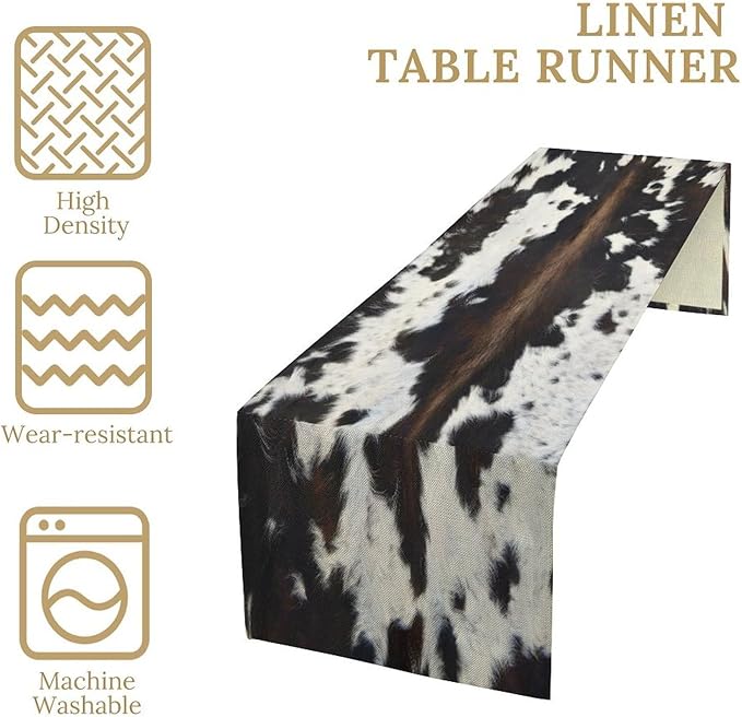 Cow Skin Print Table Runner, Rustic Cottage Country Farmhouse Animal Fur Skin Western Style Black Cowhide Print Dinner Runner for Home Kitchen Dining Table Decoration 13"x90"