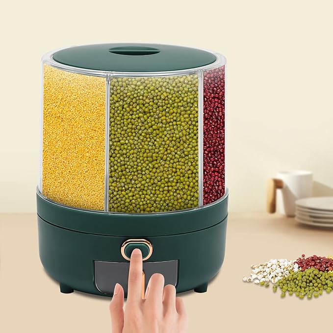 Large Cereal Containers Storage Rotating Rice Dispenser Dry Food Dispenser with 6 Compartments Kitchen Grain Storage Container Holder for Rice and Beans (Green+Clear)