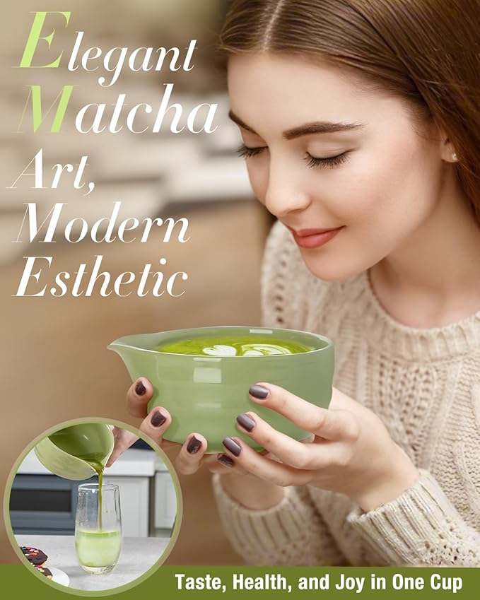 Matcha Whisk Set - 5PCS Matcha Set Includes 17OZ Chawan with Spout, Bamboo Chasen Whisk with Ceramic Holder, Matcha Scoop and Stainless Sifter, Matcha Kit for Ceremony, Gift for Matcha Lovers