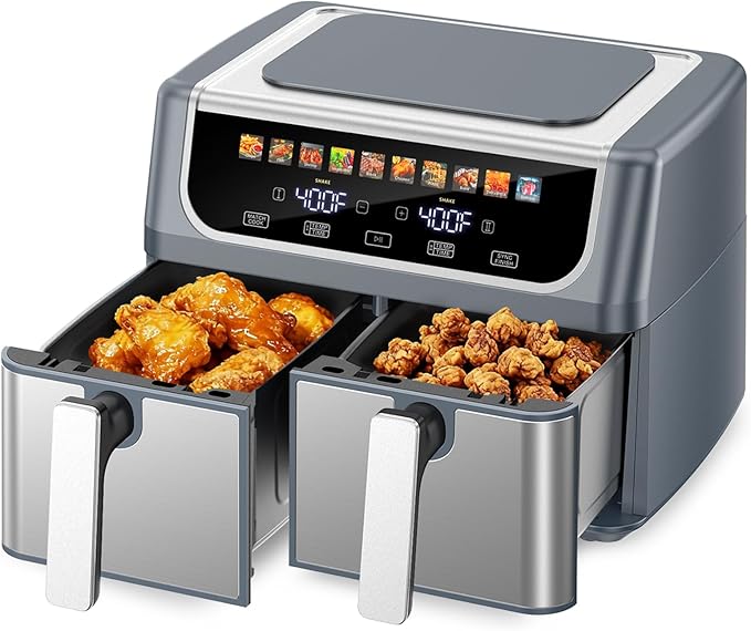 OLIXIS Dual Basket Air Fryer, 9.5 Quart Large Air Fryer with Double Basket, Independent TEMP Control, Sync Setting, Shake Reminder, 10 Presets for Bake, Broil, Defrost, Dehydrate, Grey