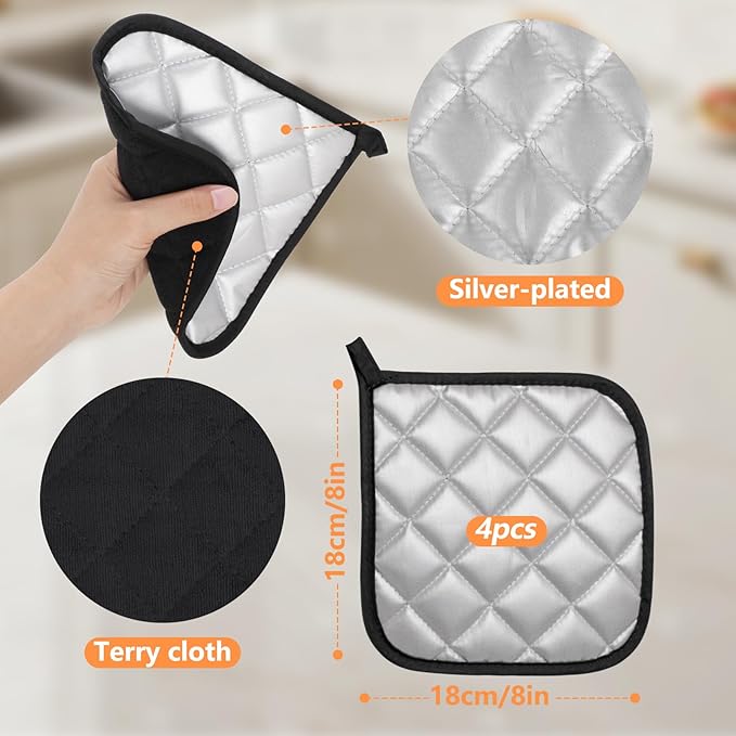 GeeRic 4 Pack Potholders for Kitchen, Heat-Resistant Quilted Cotton Hot Pads, Durable and Machine Washable with Hanging Loop Mat for Cooking, Baking, and Grilling Black