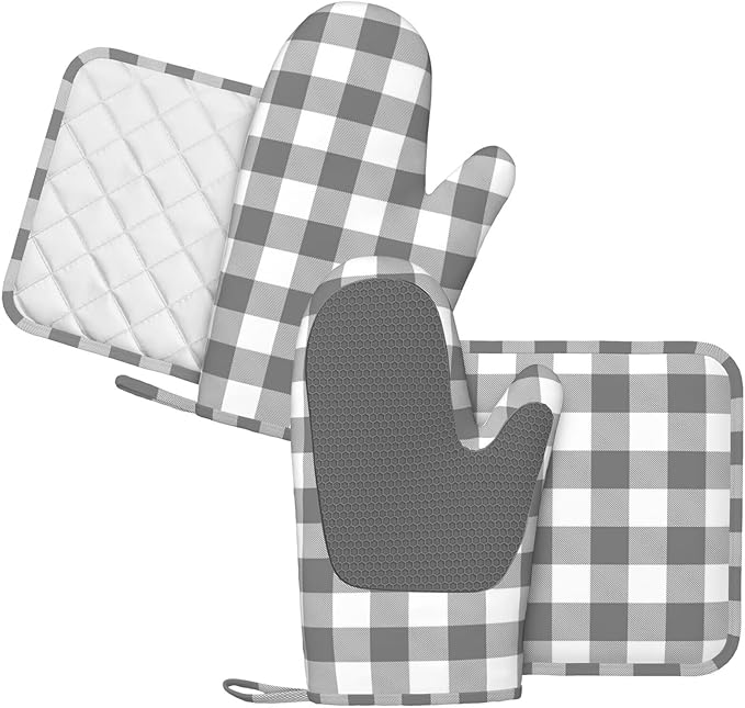 Buffalo Plaid White and Grey Oven Mitts and Pot Holders Set, 4pcs White Grey Plaid Silicone Oven Glove for Kitchen Heat Resistant Oven Mitts and Potholders Non-Slip for Cooking