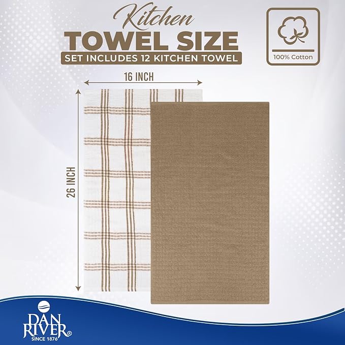 DAN RIVER Premium Kitchen Towels - [Pack of 12] 100% Cotton (16x 26 Inches) -Super Soft,Highly Absorbent, Quick Dry, Dish Towels for Kitchen Towels -Tan