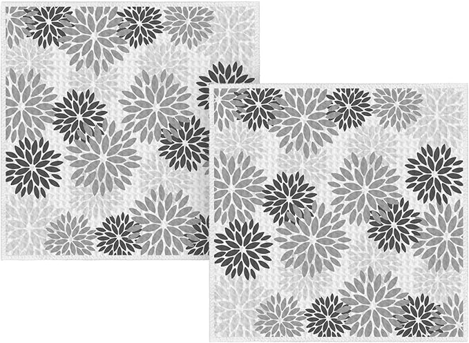 Artoid Mode Grey Dahlia Floral Kitchen Dish Cloths, 12x12 Inch Quick Dry Microfiber Dishcloths for Kitchen Premium Dish Rags Set of 2