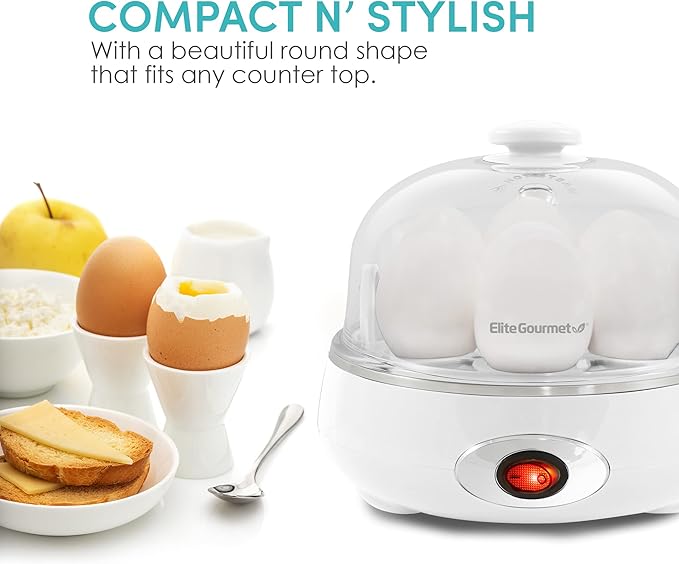 Elite Gourmet EGC007CHW Easy Electric 7 Egg Capacity Cooker, Poacher, Omelet Maker, Scrambled, Soft, Medium, Hard Boiled with Auto Shut-Off and Buzzer, BPA Free, Classic White