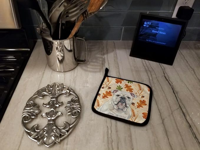 Caroline's Treasures White English Bulldog Heirloom Fall Pair of Pot Holders Pair 7.5x7.5 Quilted Insulated Hot Pads Decorative Kitchen Gift Made in USA