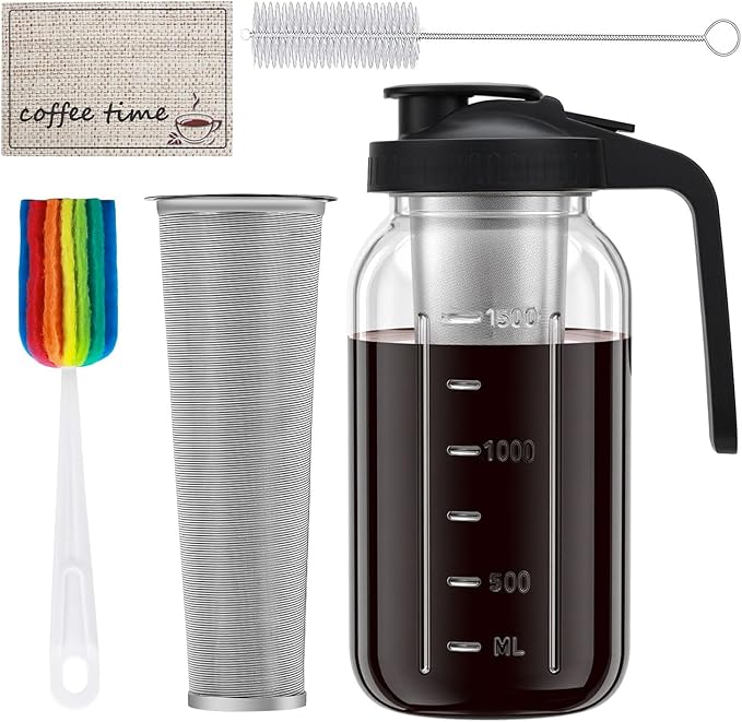Cold Brew Coffee Maker, 64oz Cold Brew Pitcher with Stainless Steel Filter & Coffee Mat, Glass Cold Brew Mason Jar with Airtight Lid, Cold Brew Brewer Kit Tea Infuser Pitcher, Gifts for Coffee Lovers