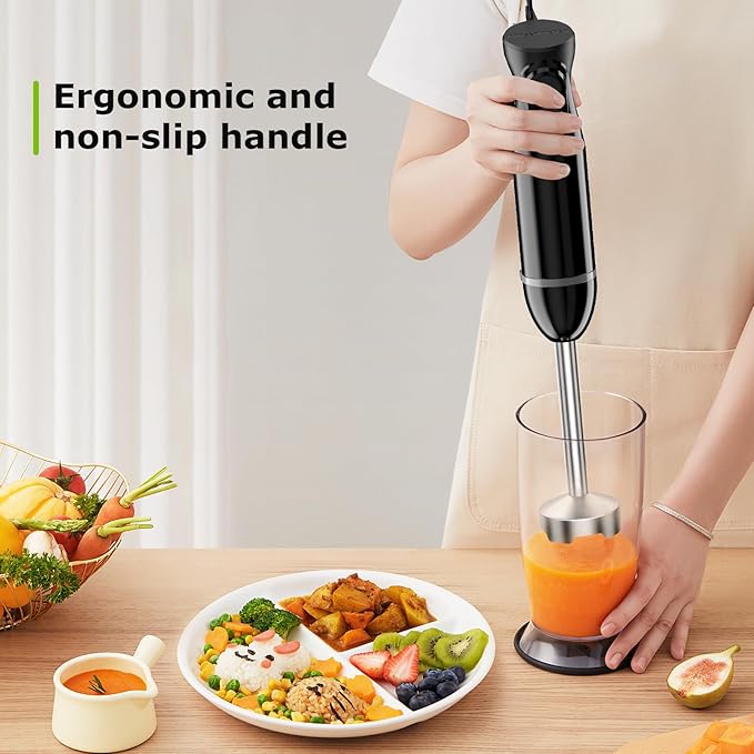 Bonsenkitchen Hand Blender, Immersion Blender with 2 Mixing Speed, Electric Handheld Mixer Portable Stick Mixer with Stainless Steel Blades for Soup, Smoothie, Puree, Baby Food