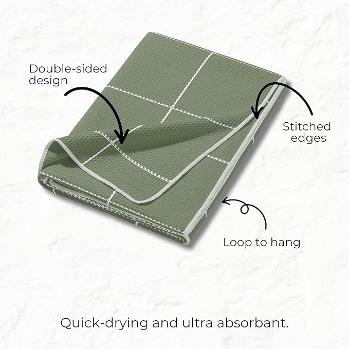 HALL & PERRY Kitchen Tea Towel, Ultra Soft, Quick Dry Microfiber Dish Cloths - 18"x30" Premium Quality Waffle Towel - Stripes and Plaid, Green and White (Wren)