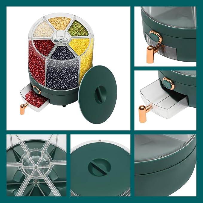 Cereal Dispenser, 6-grid 360° Rotating Grain Dispenser, 6 in 1 Sealed Clear Rice Dispenser, 6.5kg/14.33lbs Grain Storage Container, One-click Output Round Dry Foods Dispenser, 9.25*11.42in Green