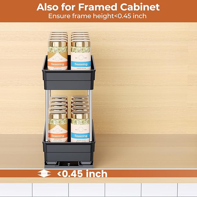Mystozer Pull Out Spice Rack Organizer for Cabinet, Slide Out Spice Racks Organizer, Easy to Install Spice Cabinet Organizers, 4.33''Wx10.62''Dx8.66''H, 2 Packs-2 Tiers(Black)