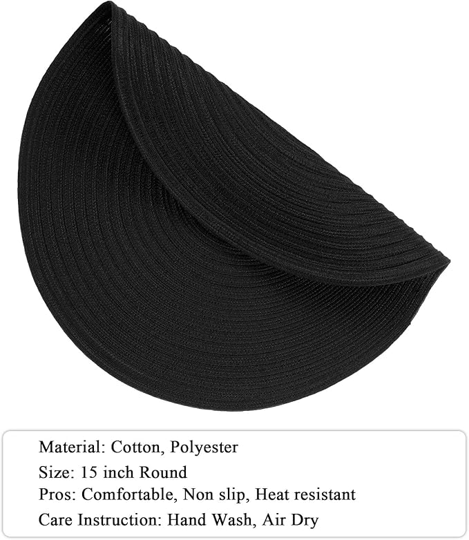 SHACOS Round Braided Placemats Set of 8 Washable Cotton Polyester Woven Round Table Mats for Dining Tables 15 inch (Black, 8)