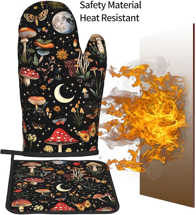 Cute Mushroom Oven Mitts and Pot Holders Sets of 3, Heat Resistant Black Hot Pads Oven Gloves with Hanging Loop for Cooking Grilling Baking, Boho Kitchen Decor, Witchy Gifts for Women Mushroom Lovers