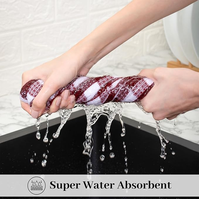 Blue Needles Set of 6 Waffle Weave Kitchen Towel, 15x25 Inches 100% Cotton Check Plaid Dish Towels for Kitchen, Soft & Absorbent for Quick Drying with Hanging Loop, Spring Summer - Burgundy & White