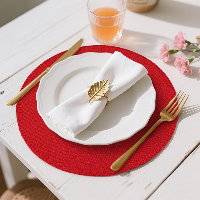 Round Placemats Set of 6, 15 Inch Linen Fabric Table Placemats, Heat Resistant, Wrinkle Free Washable Placemats Kitchen Place Mats Set of 6 for Dining Table Party Table (Red, 6)