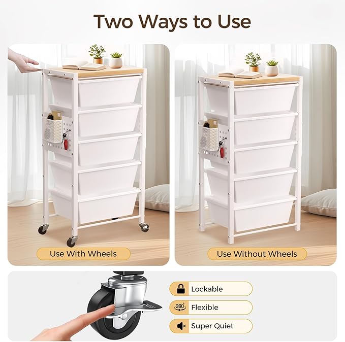Rolling Cart with 4 Drawers, Plastic Drawer Storage Carts with Wheels & Wooden Tabletop, Metal Utility Cart with Pegboards, Office Living Room Classroom Craft Organization and Storage, Bright White