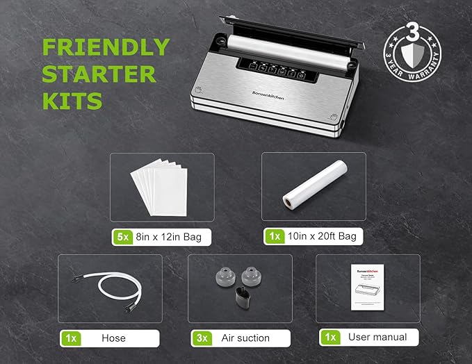 Bonsenkitchen Vacuum Sealer Machine, Stainless Steel Food Sealer Vacuum Sealers with 1 Roll & 5 Bags, 5 Food Vacuum Modes, Built-in Cutter & Bag Storage (Silver Black)