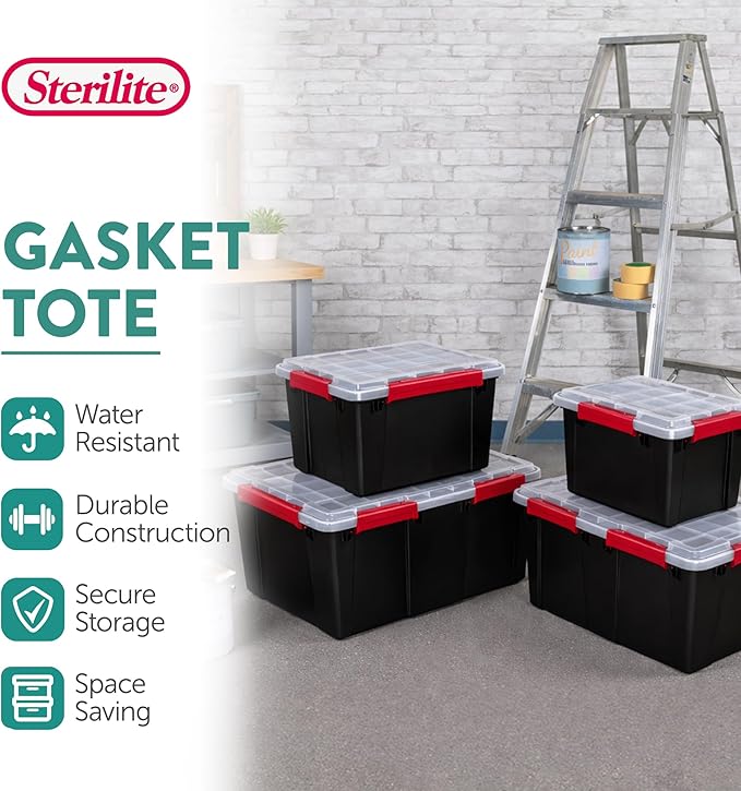 Sterilite 12 Pack Gasket Box, Stackable Plastic 20 Gallon Storage Container with Lids, Black - Waterproof and Dustproof Tote for Home Organization